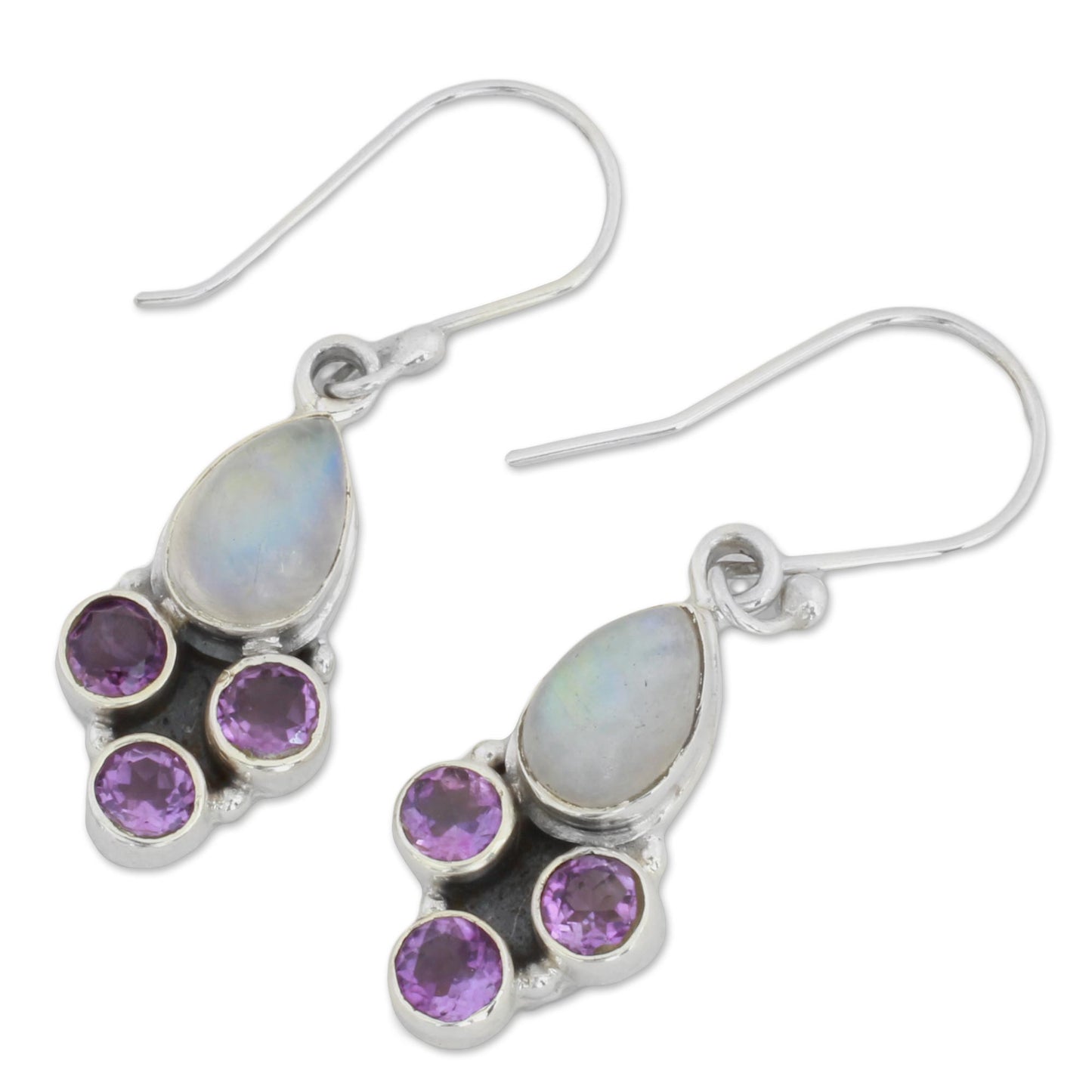 Enthralling Sky in Purple Rainbow Moonstone and Amethyst Dangle Earrings from India