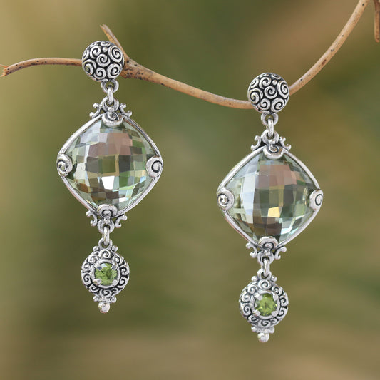 Borobudur Glimmer Silver 925 Prasiolite and Peridot Dangle Earrings from Bali