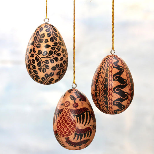 Parang Eggs Batik Wood Egg Ornaments (Set of 3) from Indonesia