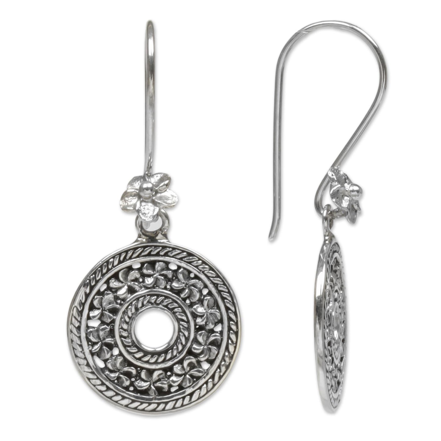 Jepun Coins Hand Made Sterling Silver Dangle Earrings Floral Indonesia