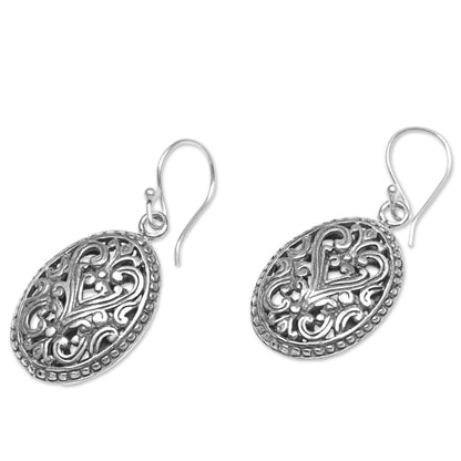 Fern Shield Round Sterling Silver Dangle Earrings from Indonesia