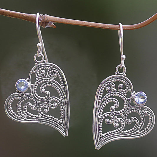 Budding Heart Blue Topaz and Sterling Silver Heart Shaped Dangle Earrings