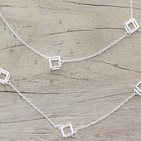 Silver Cubism Long Sterling Silver Cube Station Necklace from India