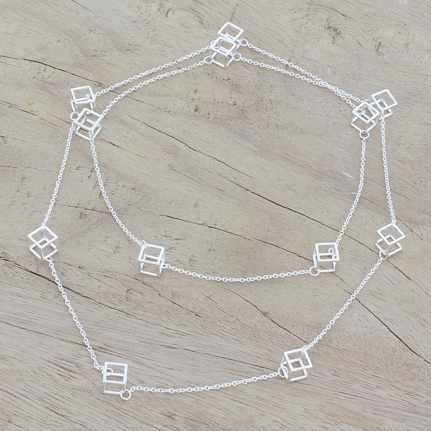 Silver Cubism Long Sterling Silver Cube Station Necklace from India