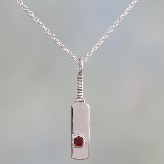 Cricket Bat Sterling Silver and Garnet Pendant Necklace from India