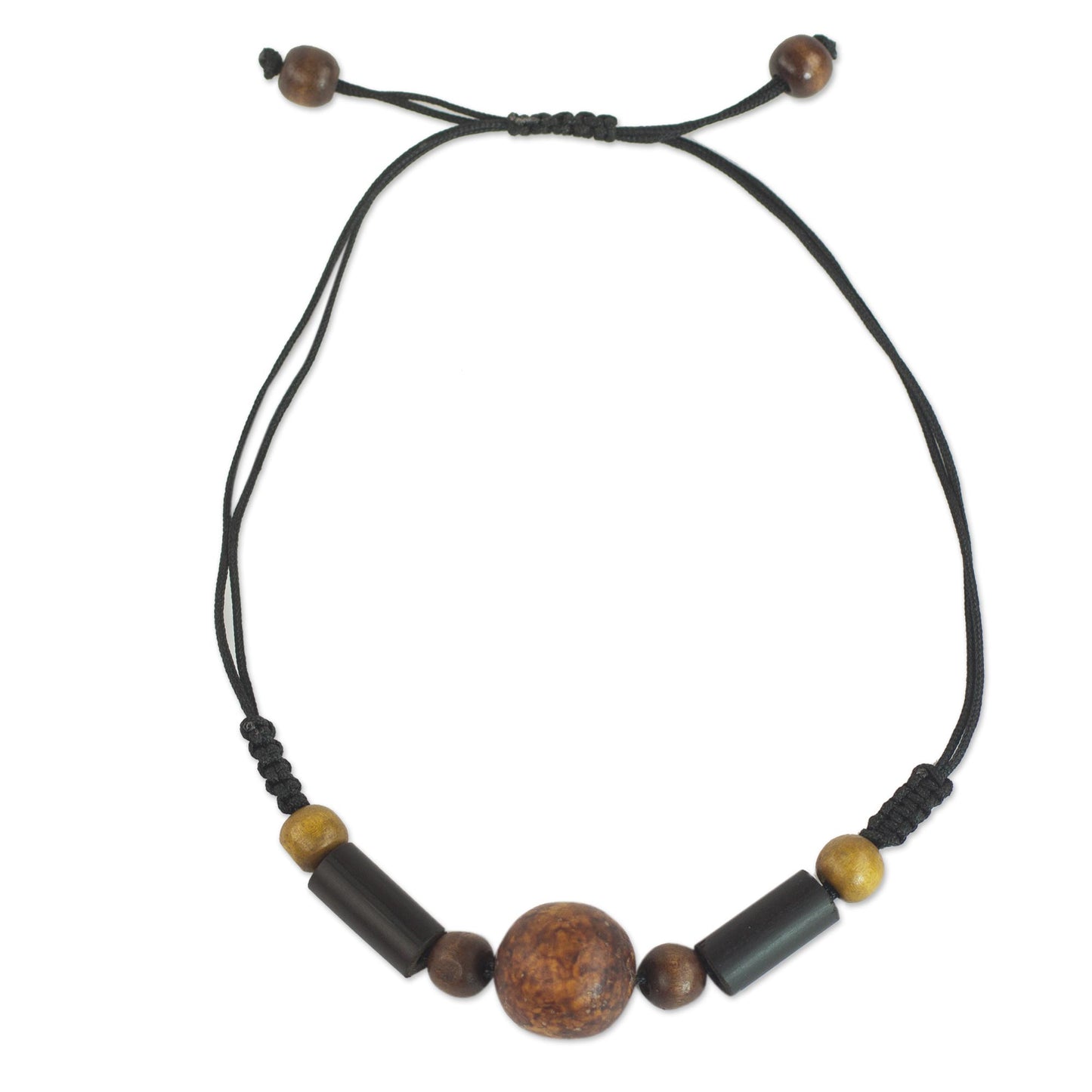 Round Might Sese Wood and Bamboo Cord Pendant Necklace from Ghana