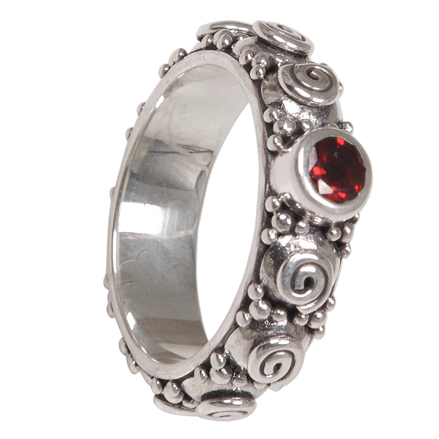 Swirls of Joy in Red Garnet and Sterling Silver Single Stone Ring from Indonesia