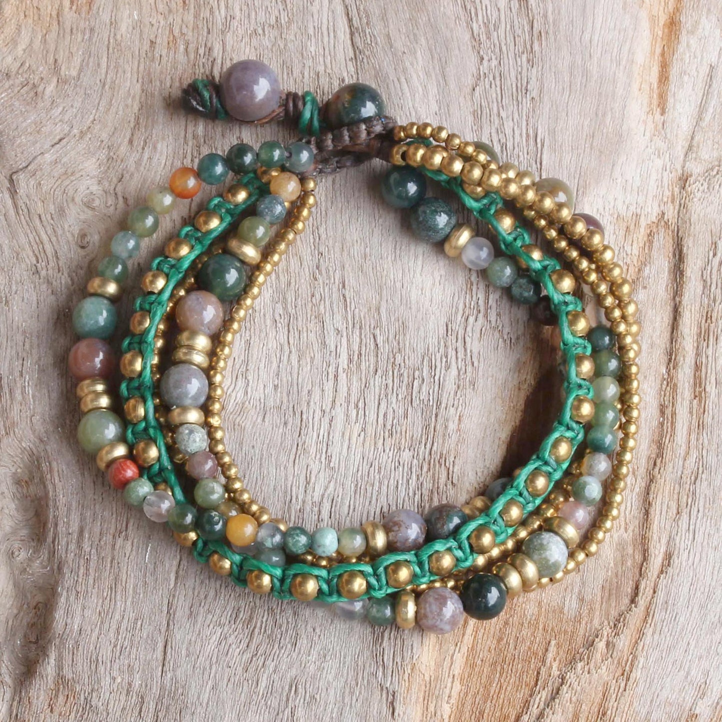 Summer Earth Brass and Agate Multi-Strand Beaded Bracelet from Thailand