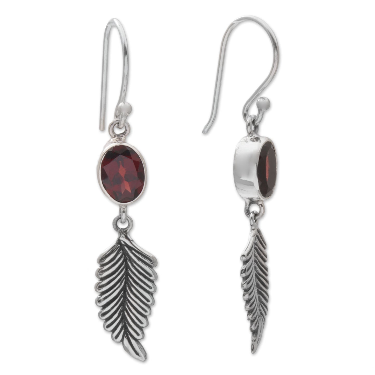 Passionate Hope Balinese 925 Sterling Silver Feather Earrings with Garnet