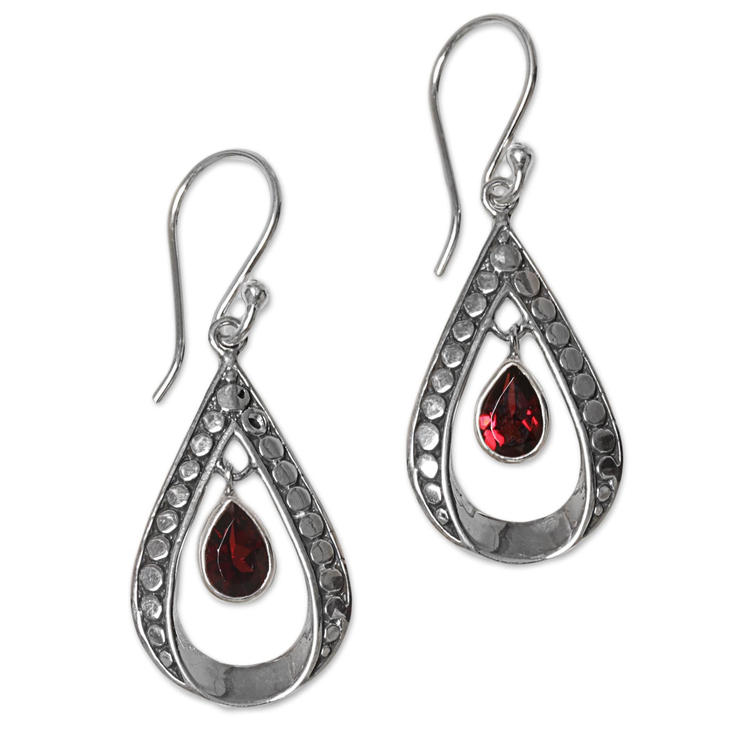 Charming Tears in Red Sterling Silver and Garnet Dangle Earrings from Indonesia