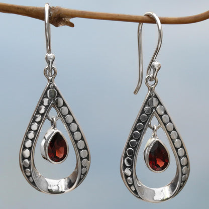 Charming Tears in Red Sterling Silver and Garnet Dangle Earrings from Indonesia