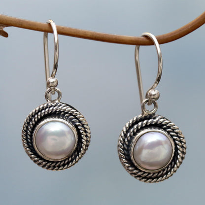 Nest of Chains in White Cultured Pearl Round Dangle Earrings from Indonesia