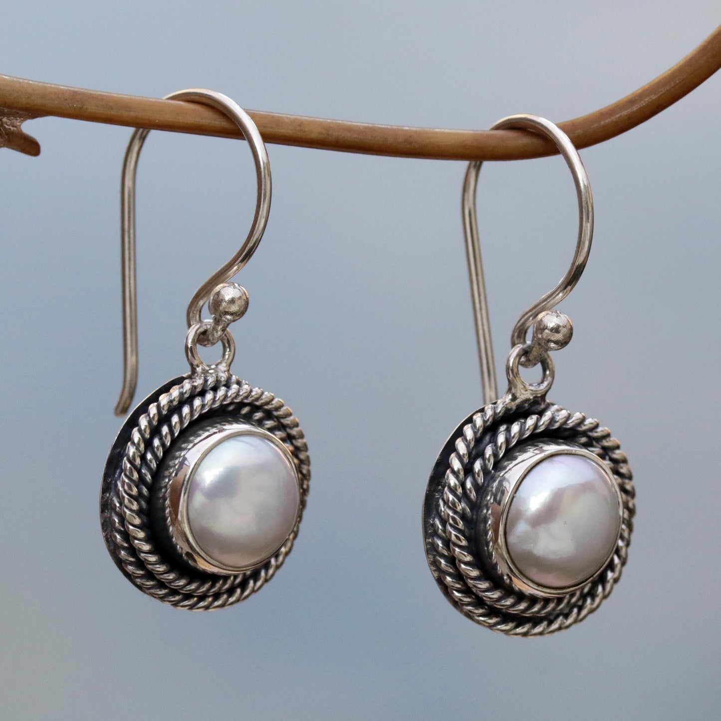 Nest of Chains in White Cultured Pearl Round Dangle Earrings from Indonesia