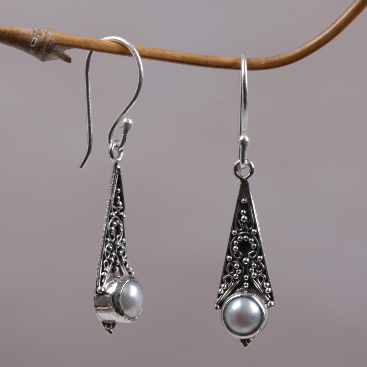 Triangular Moons Cultured Mabe Pearl Dangle Earrings Crafted in Bali