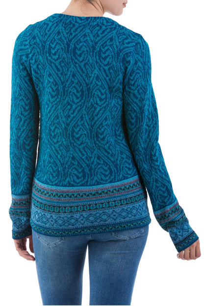 Dreamy Blues Teal 100% Alpaca Wool Cardigan Sweater from Peru