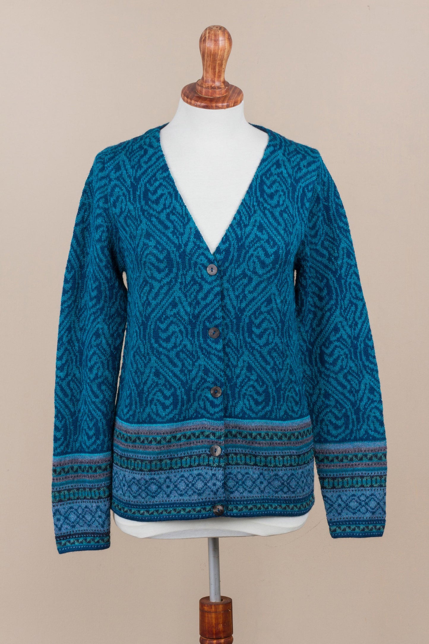 Dreamy Blues Teal 100% Alpaca Wool Cardigan Sweater from Peru