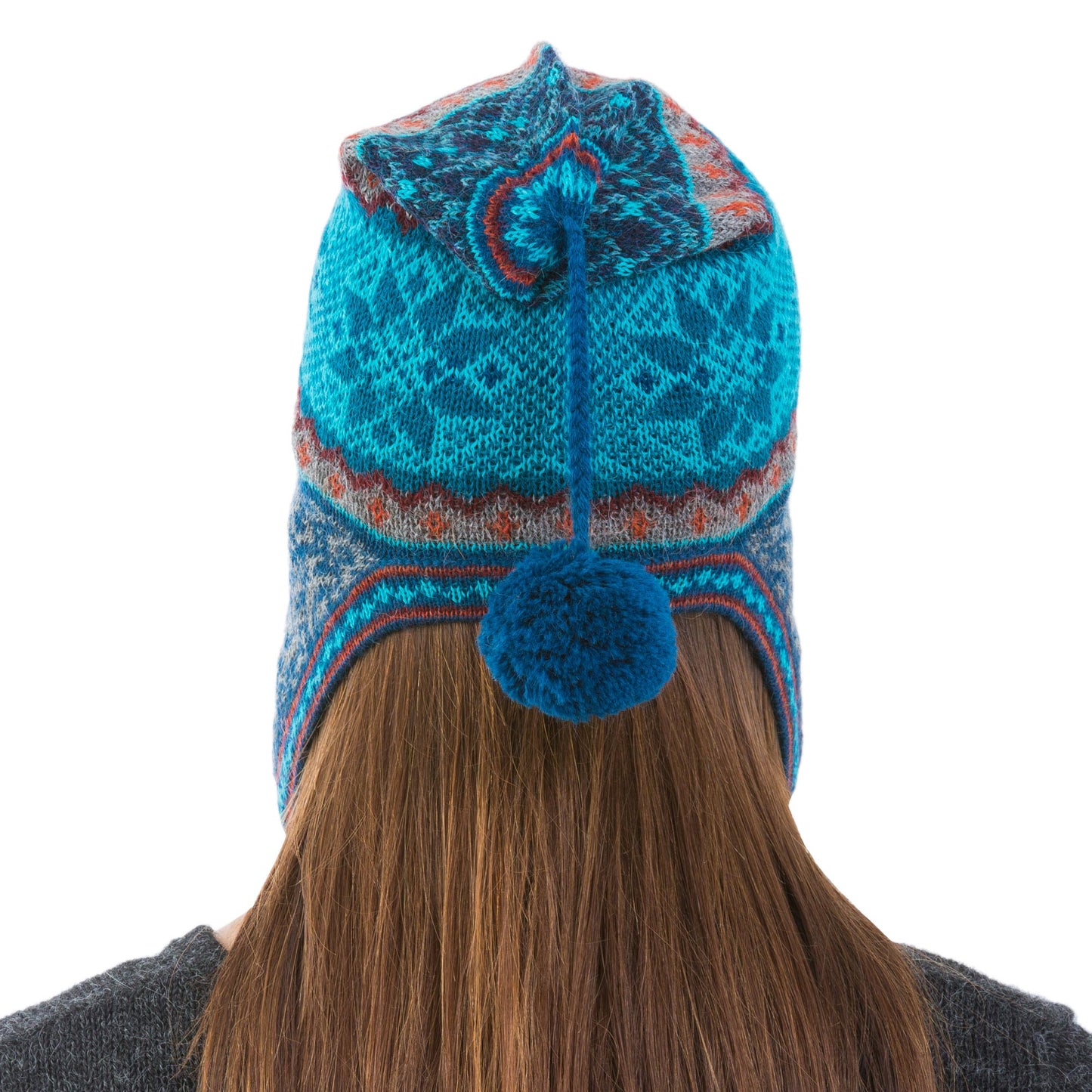 Andean Snowfall Alpaca Chullo Hat in Azure and Smoke from Peru