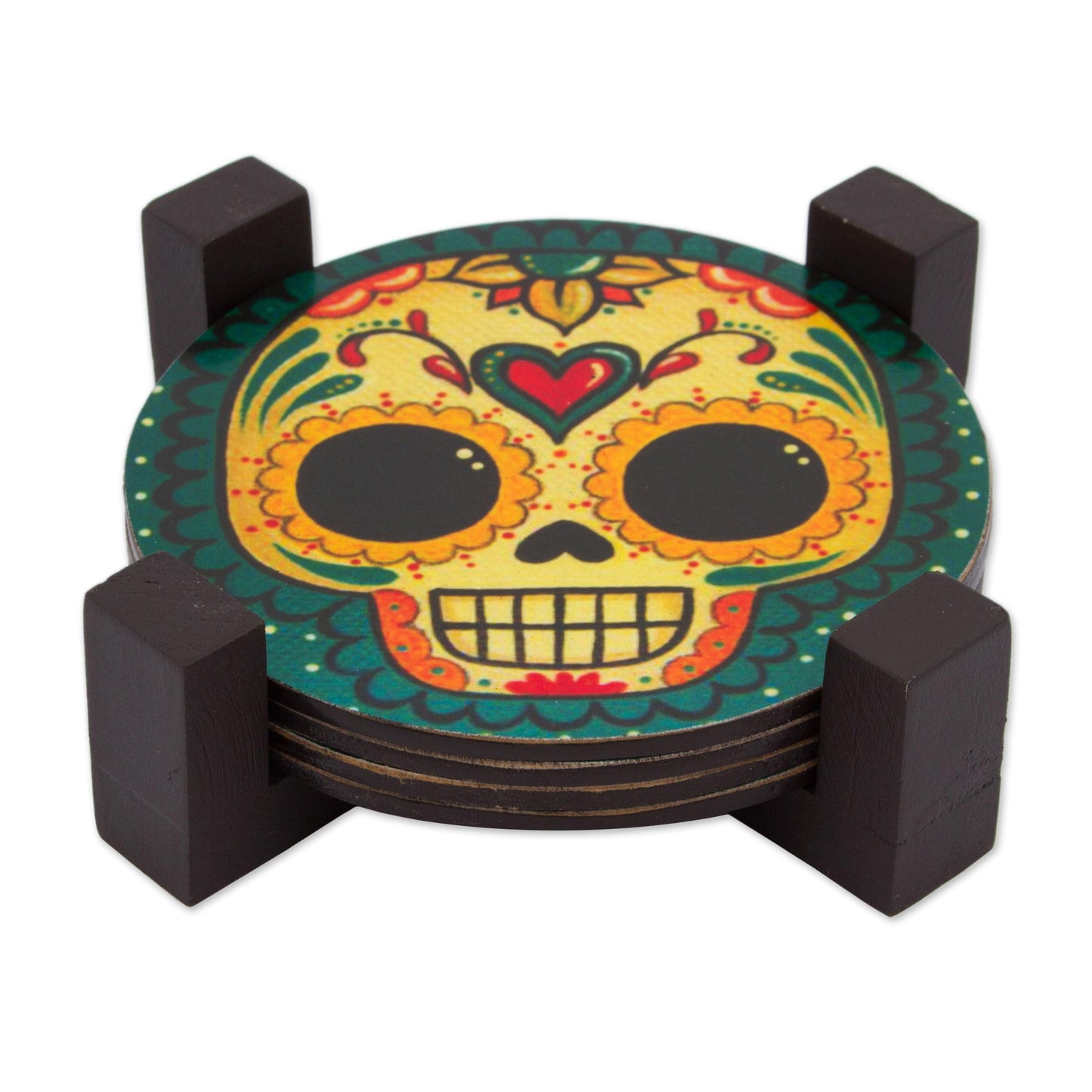 Loving Skull 4 Day of the Dead Smiling Skulls Decoupage Wood Coaster Set