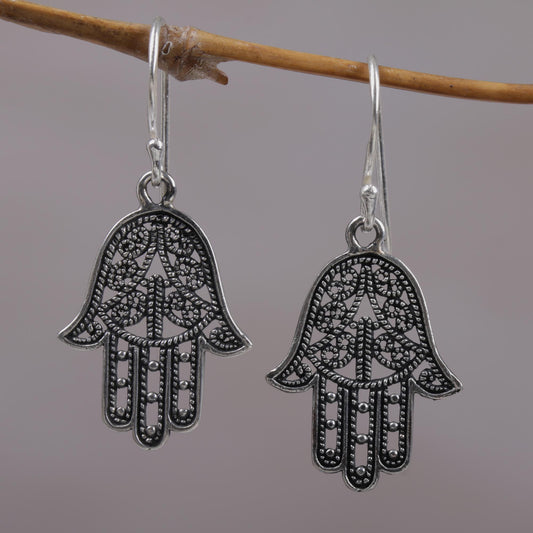 Holy Hamsa 925 Sterling Silver Hamsa Dangle Earrings from Bali