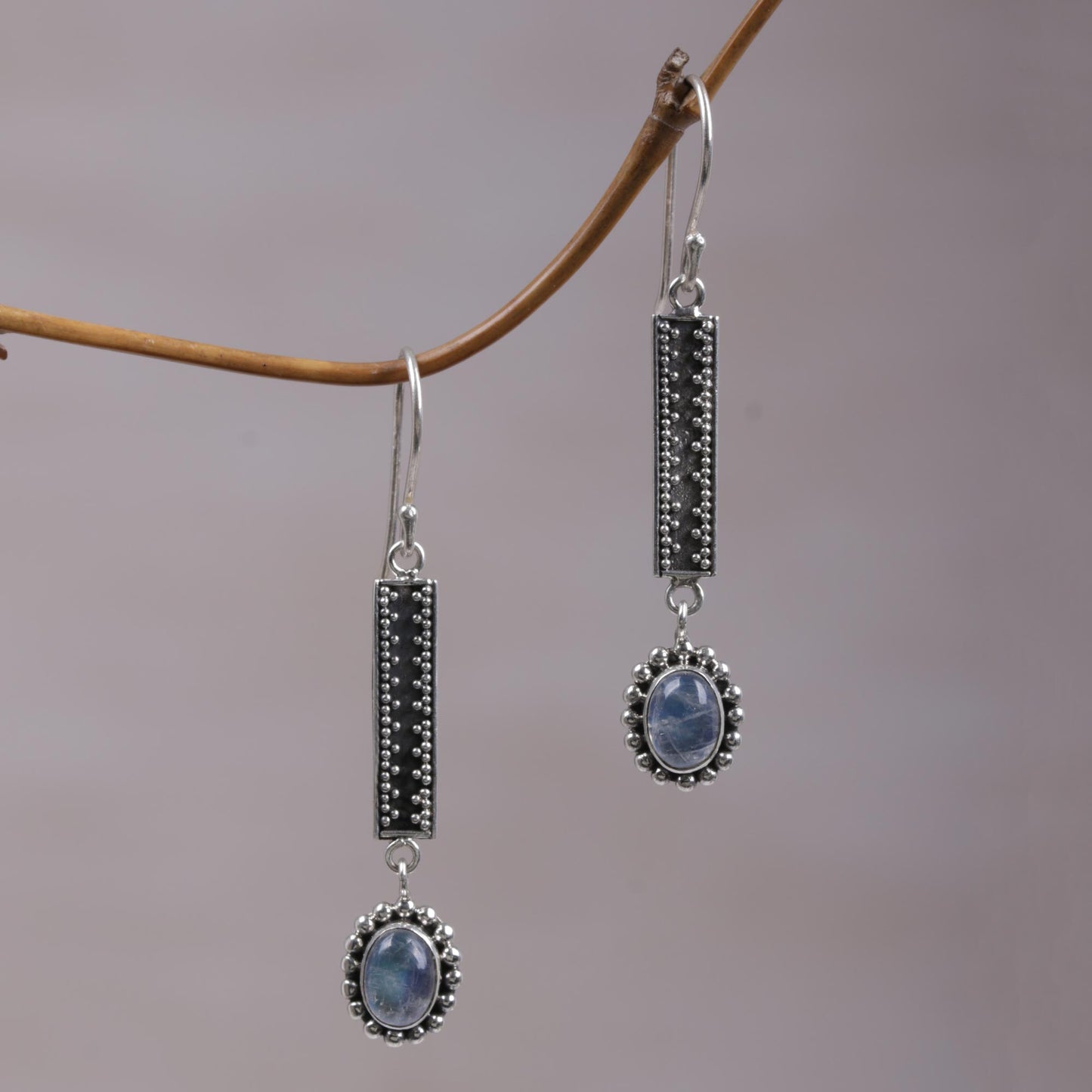 Falling Rainbow Drops Hand Crafted  Rainbow Moonstone Dangle Earrings from Bali