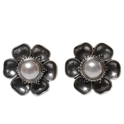 Blooming White Roses Mabe Silver Earrings