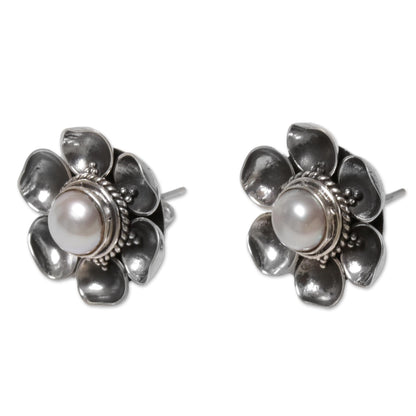 Blooming White Roses Mabe Silver Earrings
