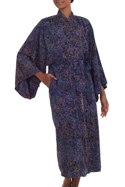 Bewildering Maze Handcrafted Blue & Peach Batik Rayon Robe from Indonesia