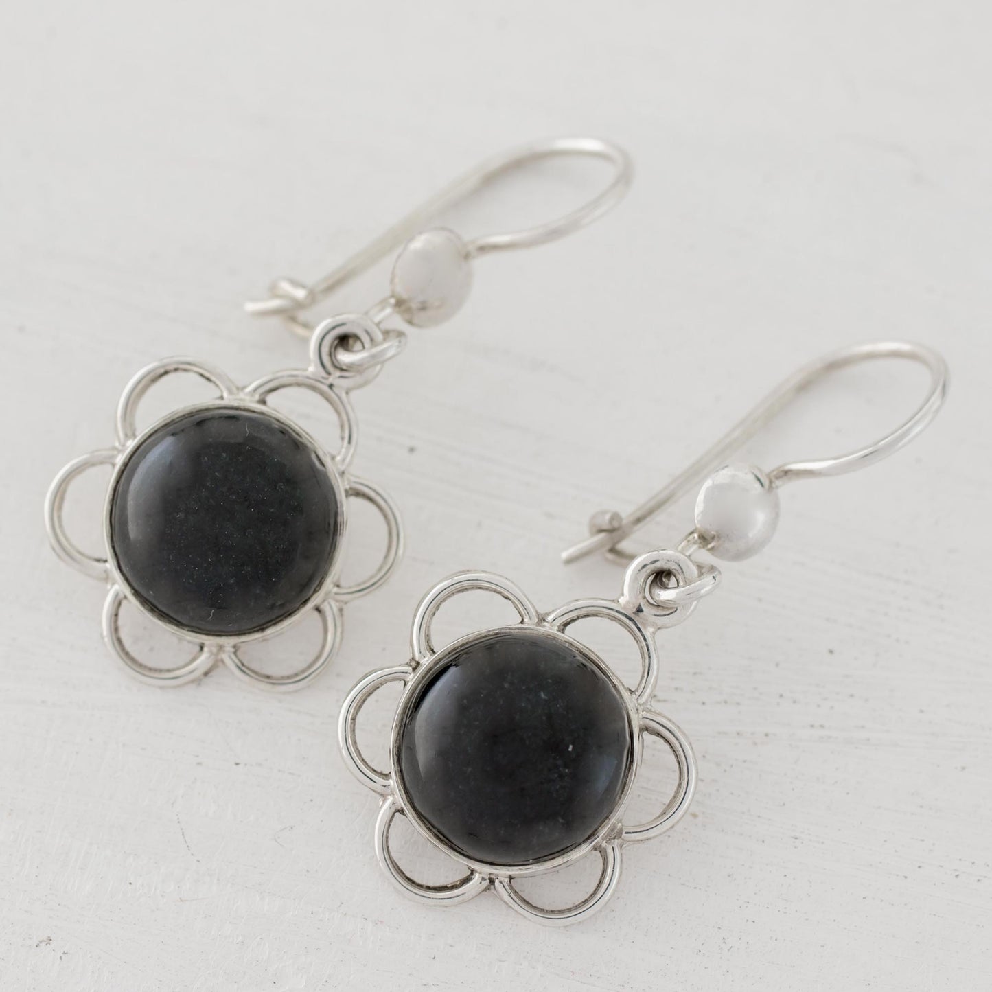 Country Flower Black Jade Flower Shaped Dangle Earrings from Guatemala