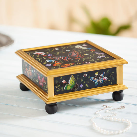 Midnight Garden Black Reverse-Painted Glass Decorative Box with Butterflies