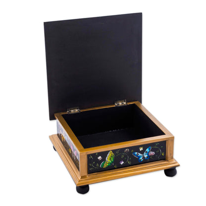 Midnight Garden Black Reverse-Painted Glass Decorative Box with Butterflies