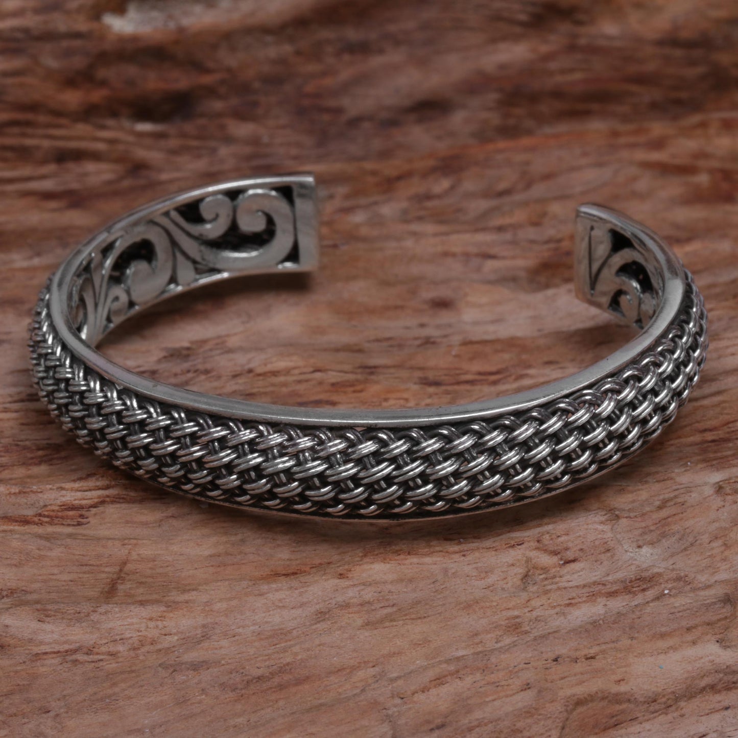 Woven Chains Hand Crafted Sterling Silver Cuff Bracelet from Indonesia