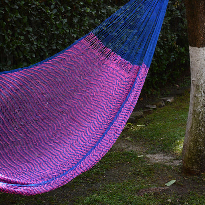 Berry Blossom Hand Woven Pink and Blue Nylon Hammock from Mexico (Double)