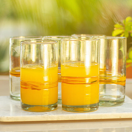 Ribbon of Sunshine Set of 6 Blown Recycled Glass Tumblers with Orange Stripe