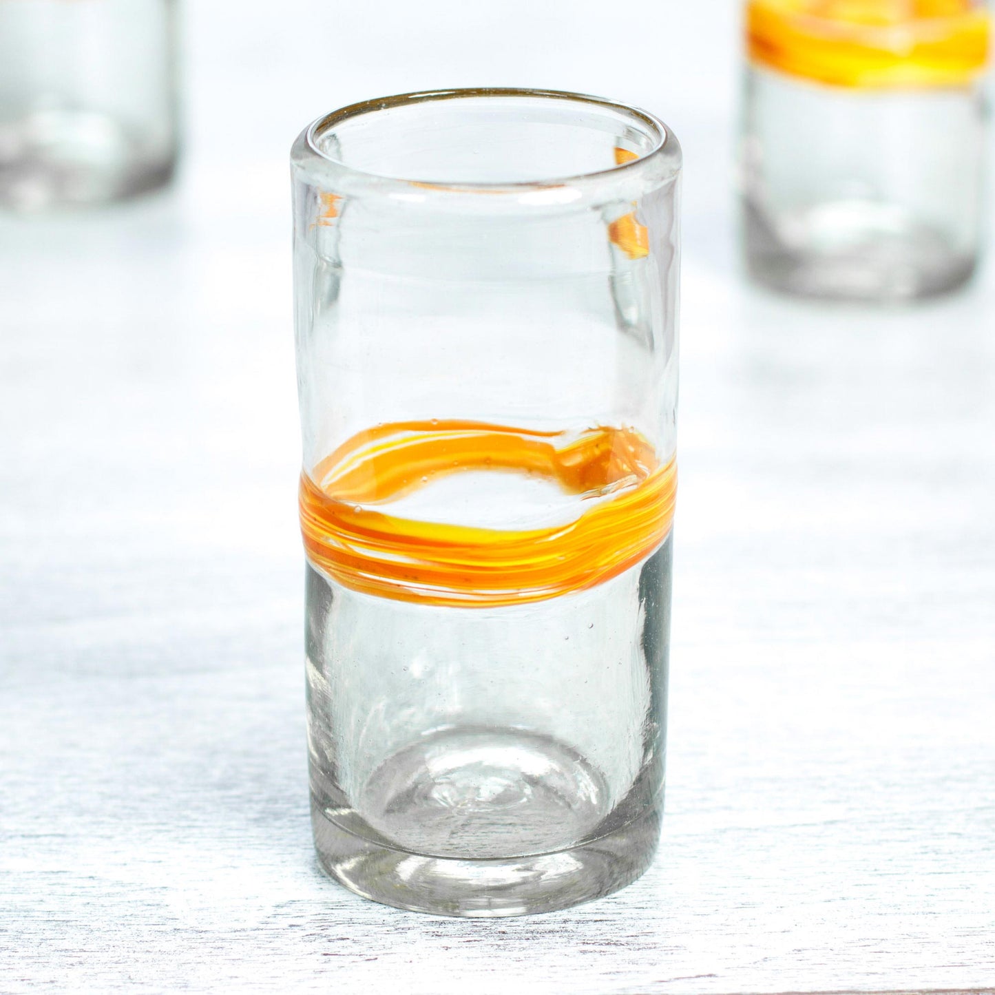 Ribbon of Sunshine Set of 6 Blown Recycled Glass Tumblers with Orange Stripe