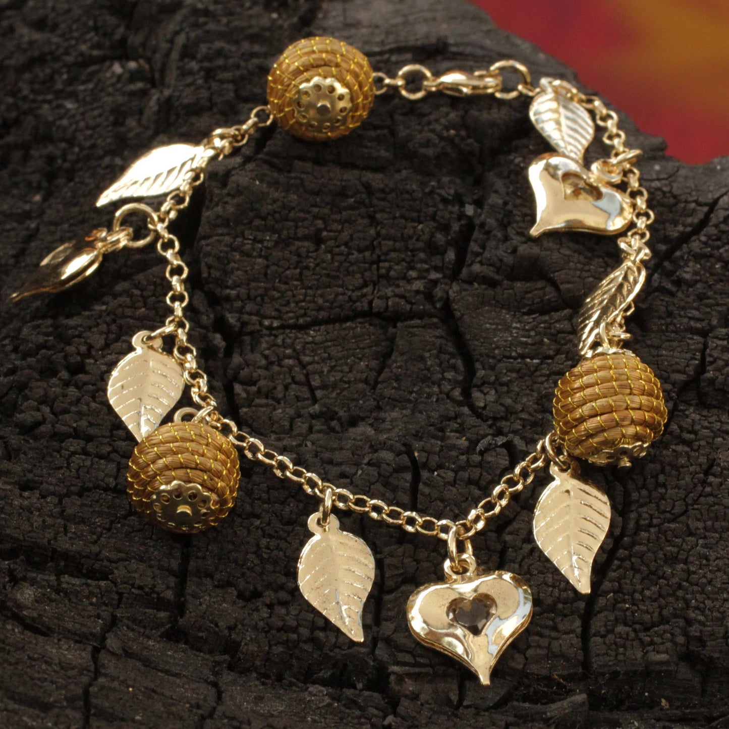 Natural Friend Heart Leaf Beehive Charms on Gold Plated Brazilian Bracelet