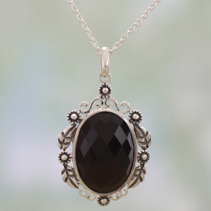 Floral Midnight Allure Sterling Silver and Faceted Onyx Floral Necklace from India