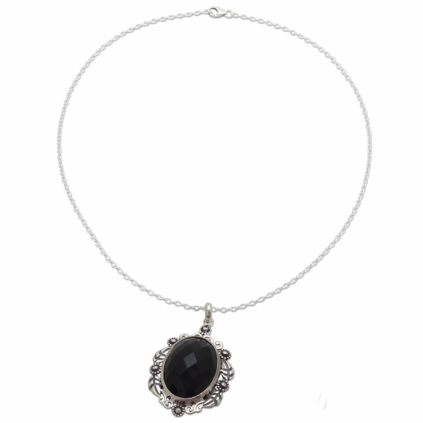 Floral Midnight Allure Sterling Silver and Faceted Onyx Floral Necklace from India