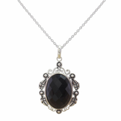 Floral Midnight Allure Sterling Silver and Faceted Onyx Floral Necklace from India