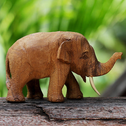 Elephant Gait Hand Carved Thai Rustic Teak Wood Sculpture of an Elephant