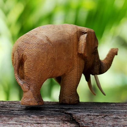 Elephant Gait Hand Carved Thai Rustic Teak Wood Sculpture of an Elephant