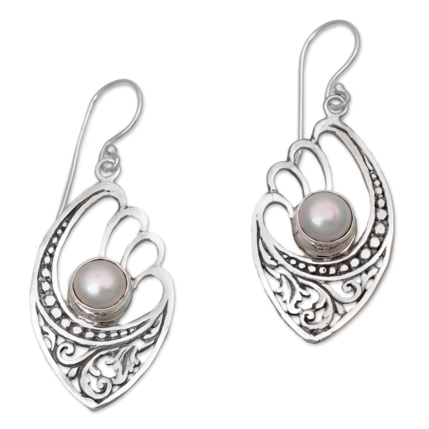 White Wings White Cultured Pearls on Sterling Silver Balinese Earrings