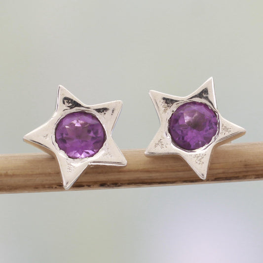 Bright Star Star Shaped Amethyst and Sterling Silver Stud Earrings