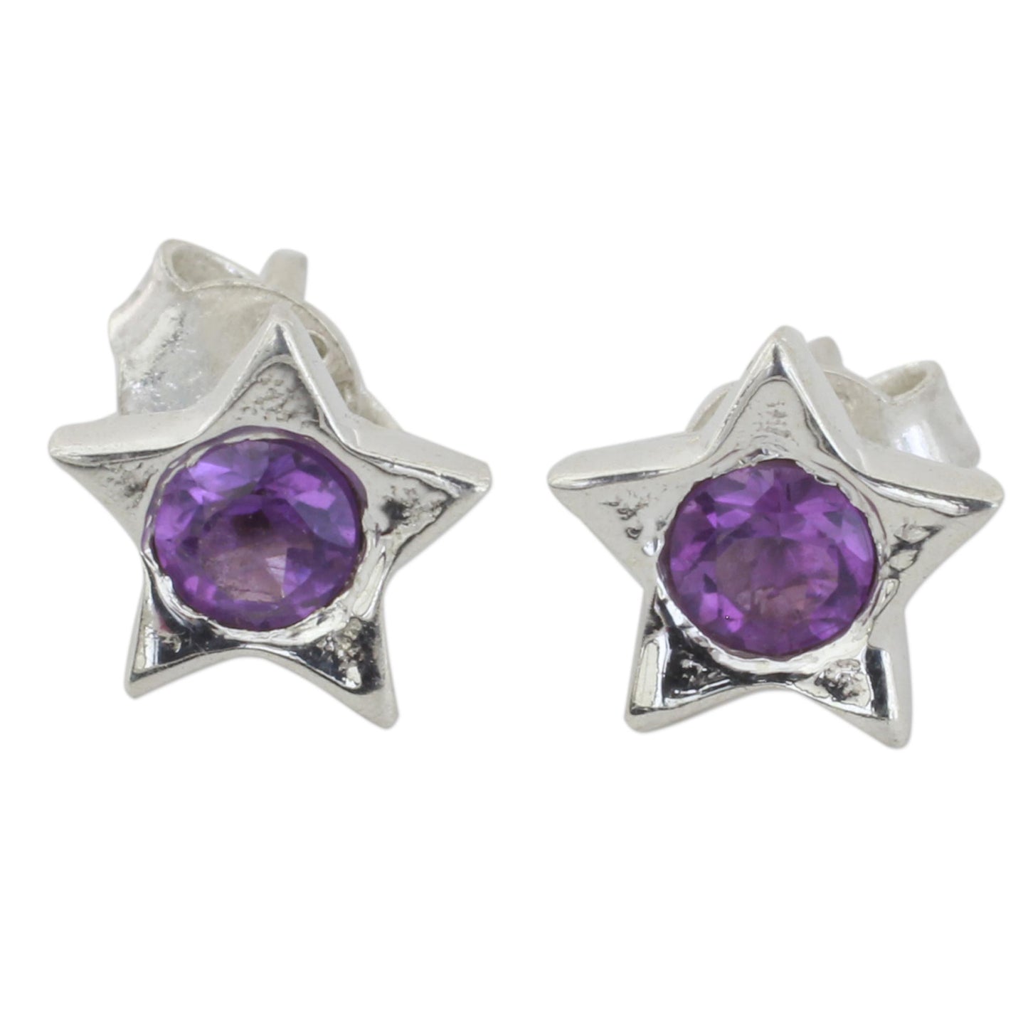 Bright Star Star Shaped Amethyst and Sterling Silver Stud Earrings