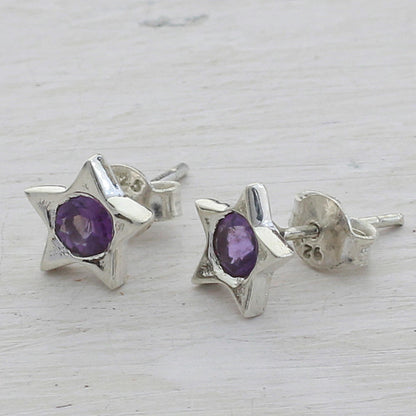 Bright Star Star Shaped Amethyst and Sterling Silver Stud Earrings