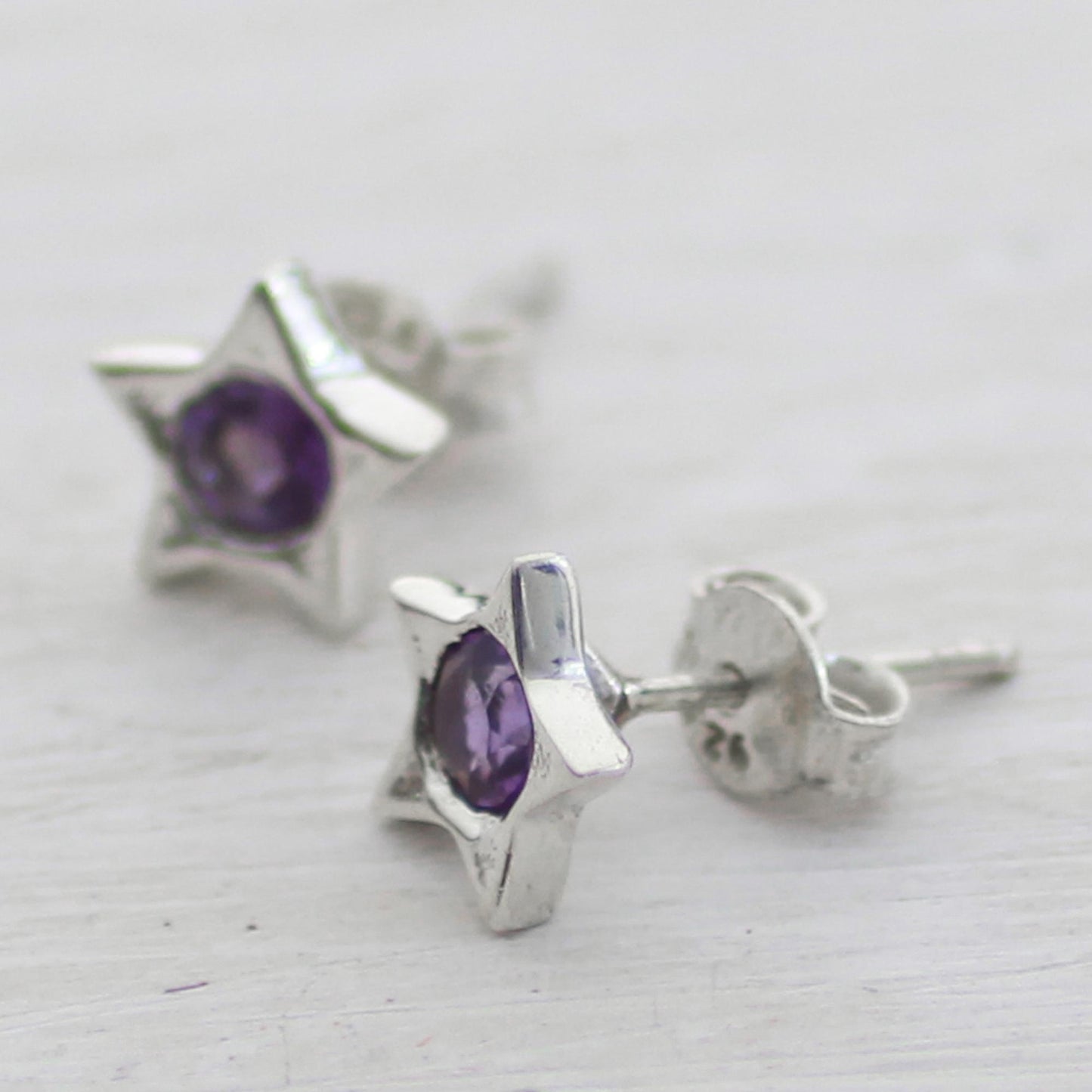 Bright Star Star Shaped Amethyst and Sterling Silver Stud Earrings