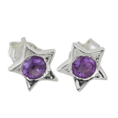 Bright Star Star Shaped Amethyst and Sterling Silver Stud Earrings