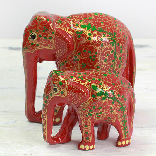 Maternal Glow Set of Two Indian Painted Floral Wood Elephant Sculptures