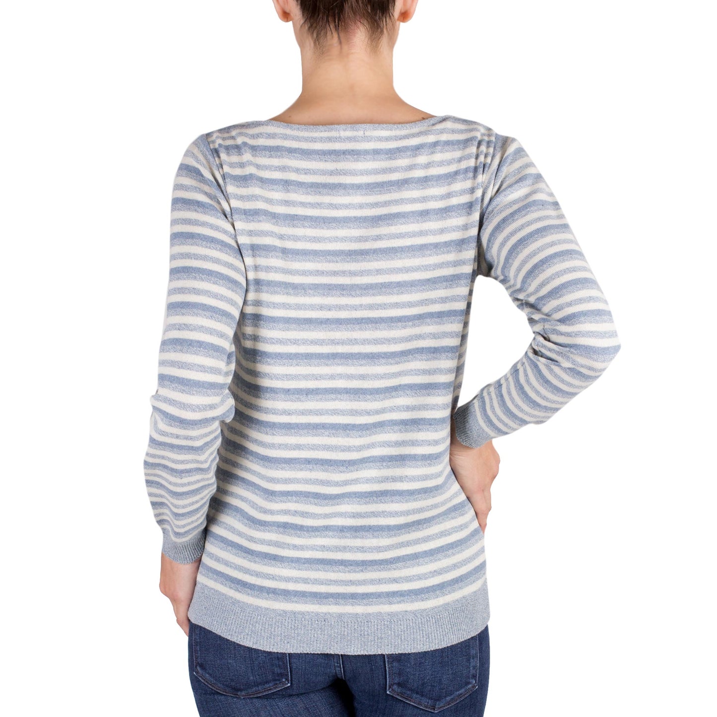 Wedgwood Horizon Women's Blue and Ivory Striped Soft Cotton Pullover Sweater