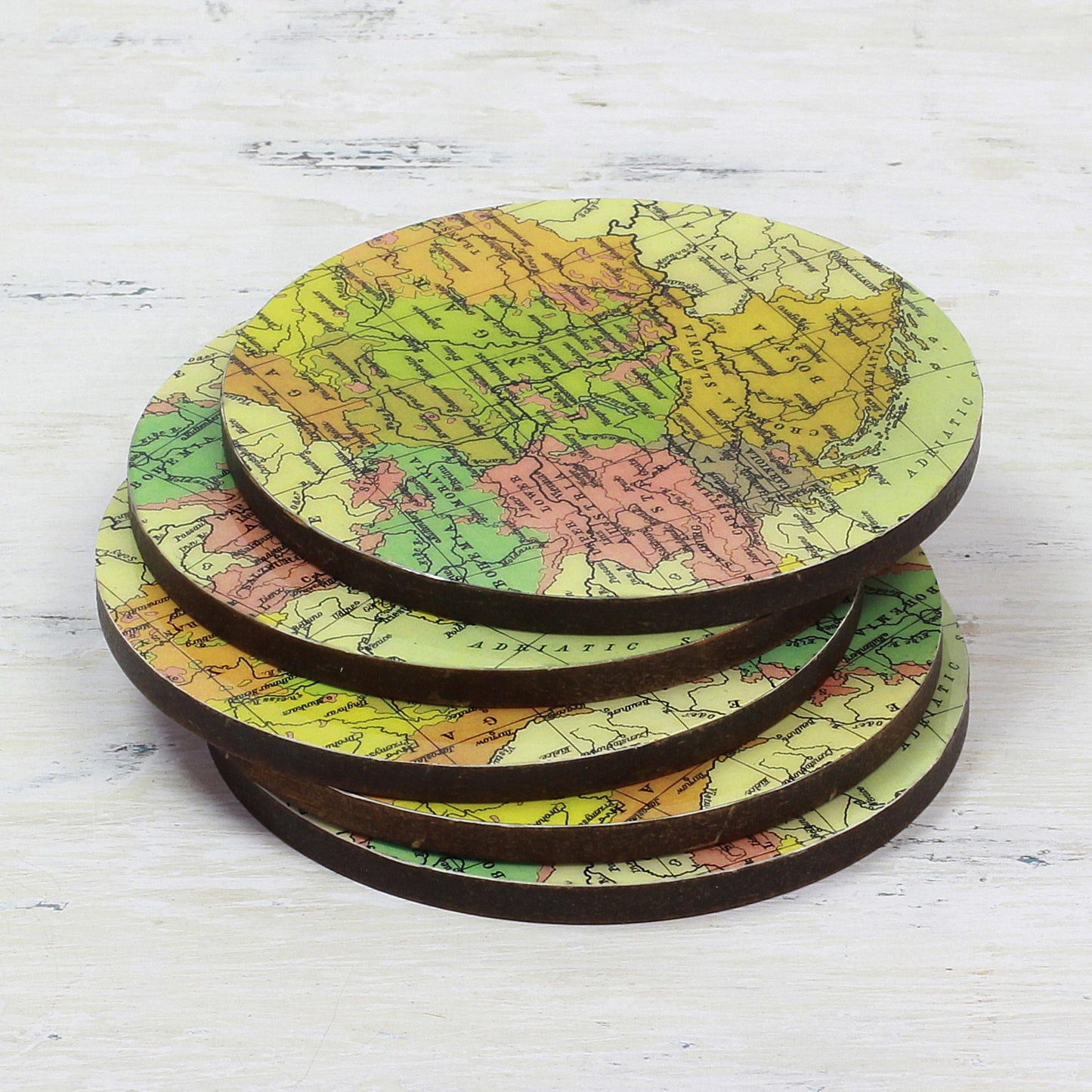 Countries of the World Round Laminated Wood Map Coasters (Set of 5) from India