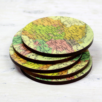 Countries of the World Round Laminated Wood Map Coasters (Set of 5) from India